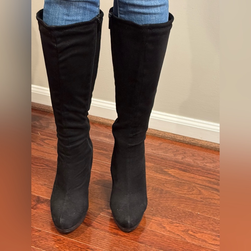 Black Knee-High Wedge Heel Boots Size 9